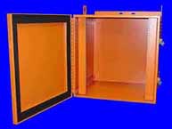 19 inch Rack Mount Enclosure, Custom NEMA 3R, Powder Coated Bright Orange, Adjustable EIA Rails, Lifting Lugs, Ground Stud, Wall Mount, Installed the Amazon Troprical Rain Forest in Brazil by an American Tele-communications. Designed and manufactured by Nemaco Technology - USA